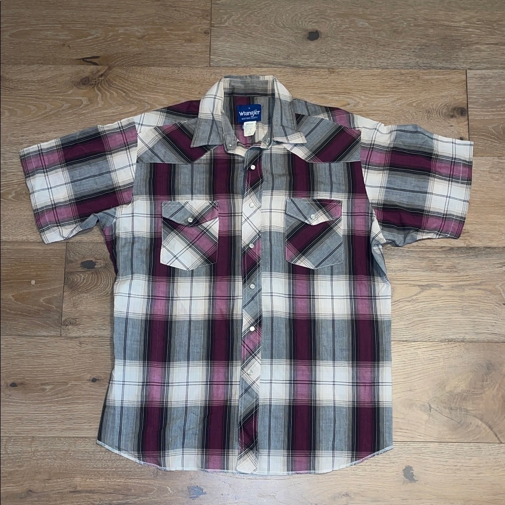 Vintage Wrangler Men's Casual Plaid pearl snap short sleeve cowboy top western